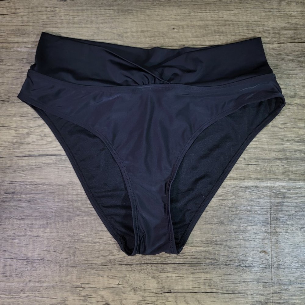 SHEKINI Womens Black Bikini Bottom Twist Front Cheeky Swimsuit Ruched Sz L - Picture 3 of 5